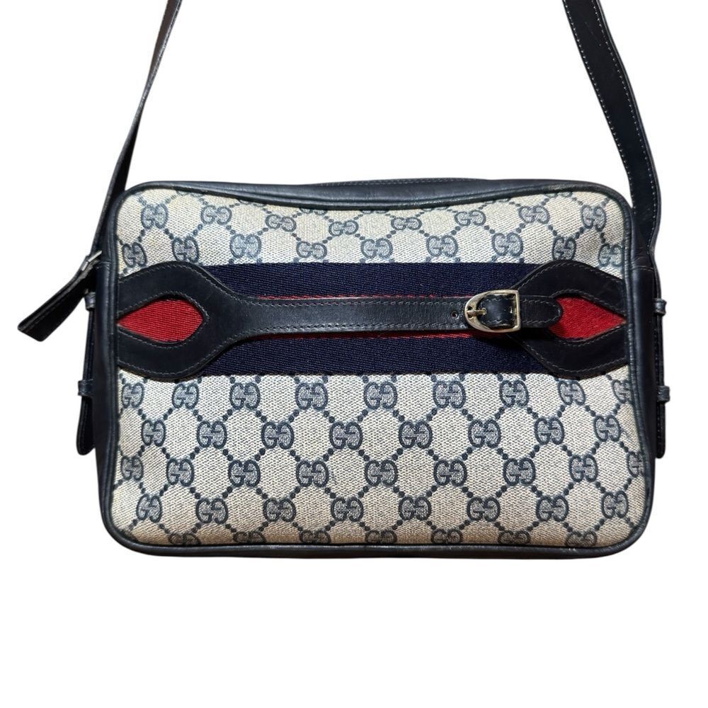 GUCCI Blue GG Supreme PVC Canvas Sherry Line Leather & Web Strap Vtg Purse